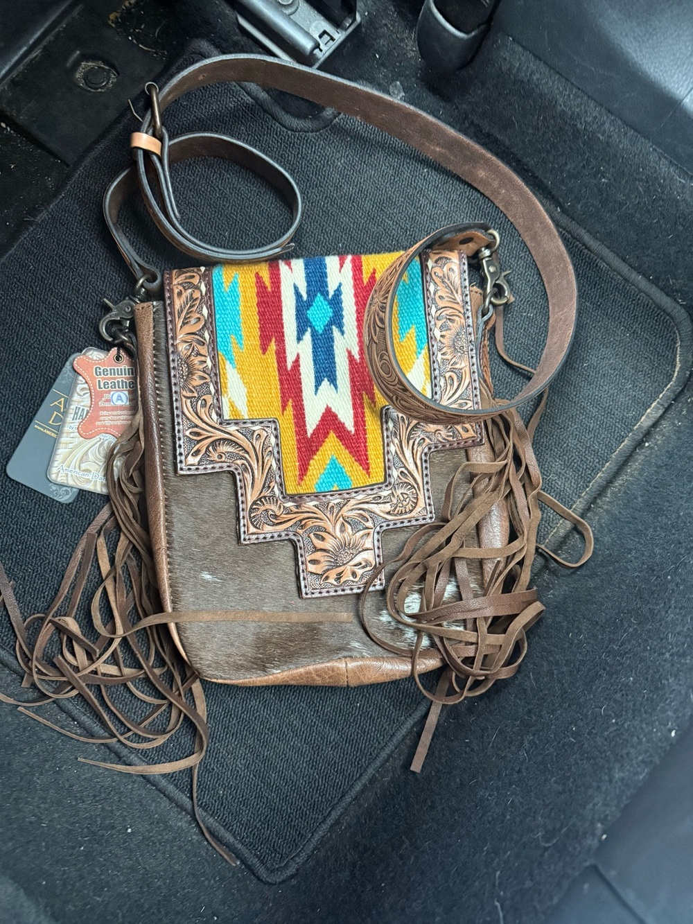 Western Fringe Crossbody Bag with Aztec Accent - Brown